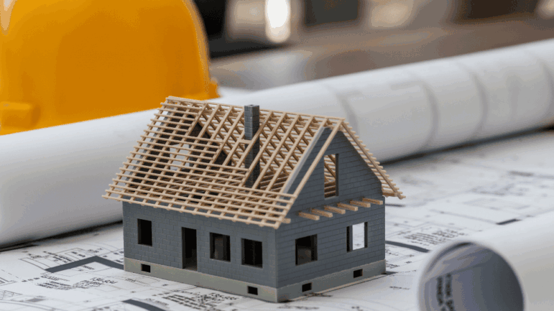 Image of a model house under construction, laying on a blueprint with a hardhat visible.